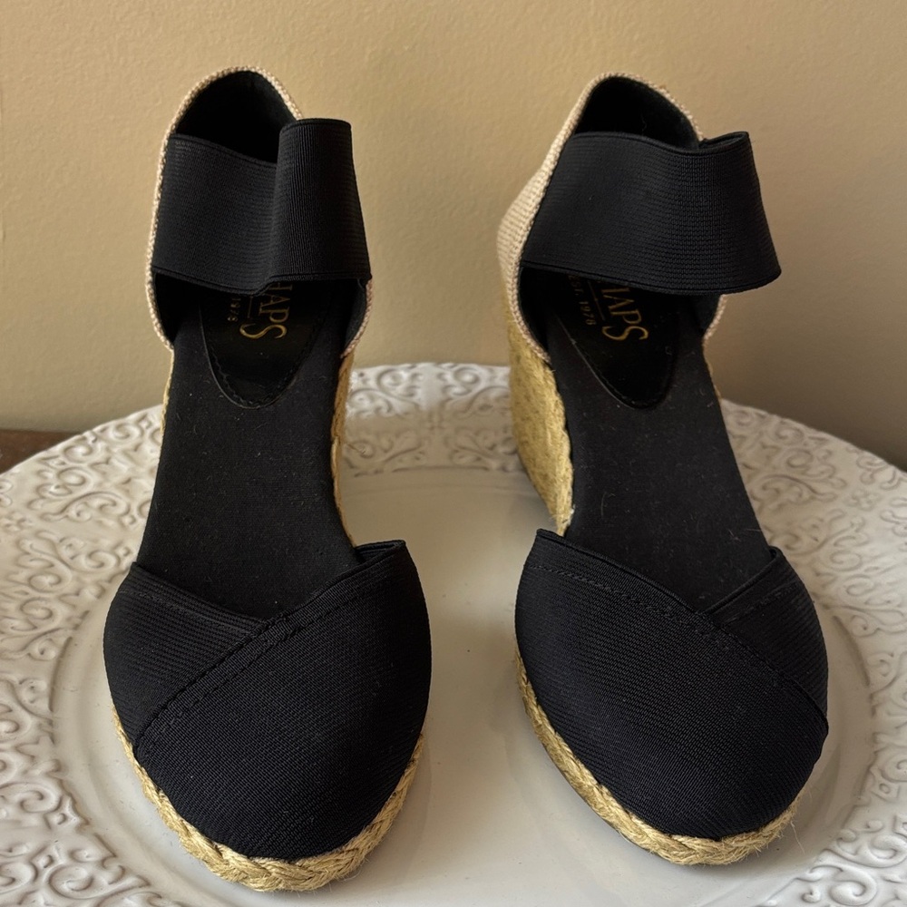 Chaps Black and Natural Espadrille Wedge Sandals with Ankle Band